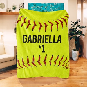 Softball Ball with Name Blanket - Personalized plus Multiple Sizes - Gift for Softball Players - Fan Gear - End of Year Team - Athlete Throw