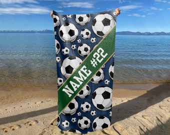 Soccer Balls Stripe Towel - Customize name Colors - Custom Beach/Bath Towels - two sizes - senior gift - travel ball - Club team