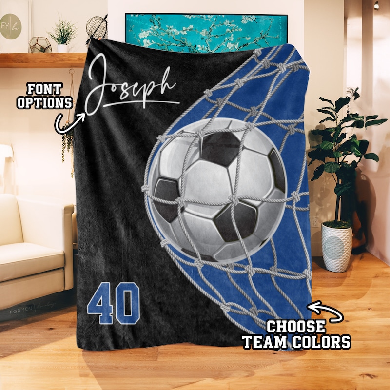 Soccer Ball through Goal Colors Custom Name Blanket Personalized - Multiple Sizes & Styles Gift for Soccer Players - Team Gift - Seniors