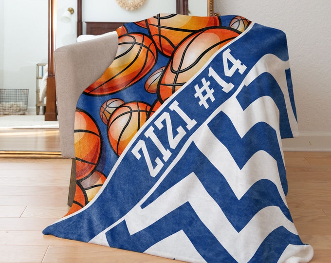 Basketball Chevron Custom Name Blanket Personalized - Multiple Sizes and Styles - Gift for Basketball Players - End Year Senior Gift
