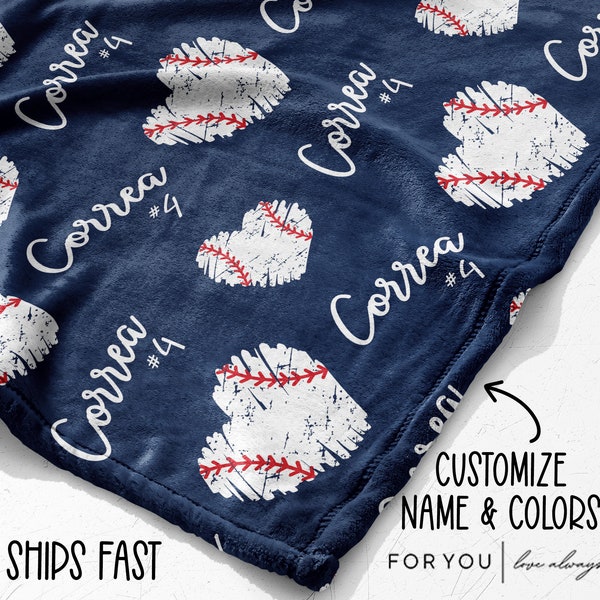 Baseball Hearts Repeating Custom Name Blanket Personalized - Multiple Sizes and Styles - Gift for Baseball Players  - End of Year Present