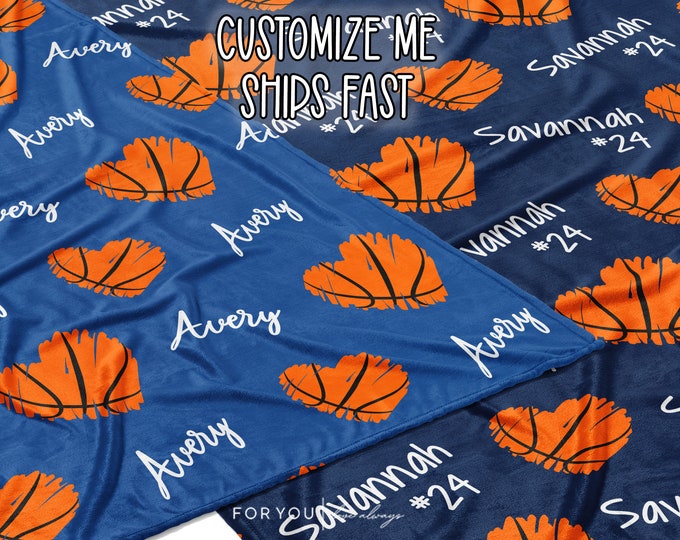 Basketball Heart and Signature Custom Name Blanket Personalized - Multiple Sizes and Styles - Custom Colors- Gift for Basketball Players