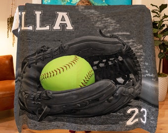 Softball Black and White w/Glove Bat Ball Name Personalized Blanket with Multiple Styles and Sizes-Softball Players  - End of Year Team Gift