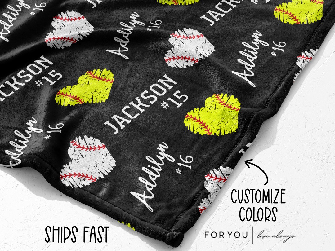 Baseball and Softball Heart Repeating Custom Name Blanket Personalized