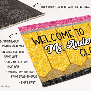 Faux Glitter Pencil Theme Welcome to my Classroom - Indoor Doormat - Customize Teacher Name - Appreciation Gift - Classroom Decor