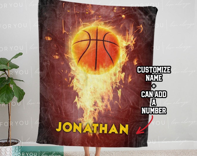 Basketball Fire Name Custom Name Blanket Personalized - Multiple Sizes and Styles - Basketball Players - End of Year Team Senior Gift