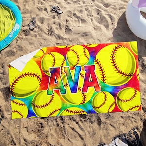 Softball Tie Dye Towel - Customize name Colors - Custom Beach/Bath Towels - two sizes - senior gift - travel ball - summer softball