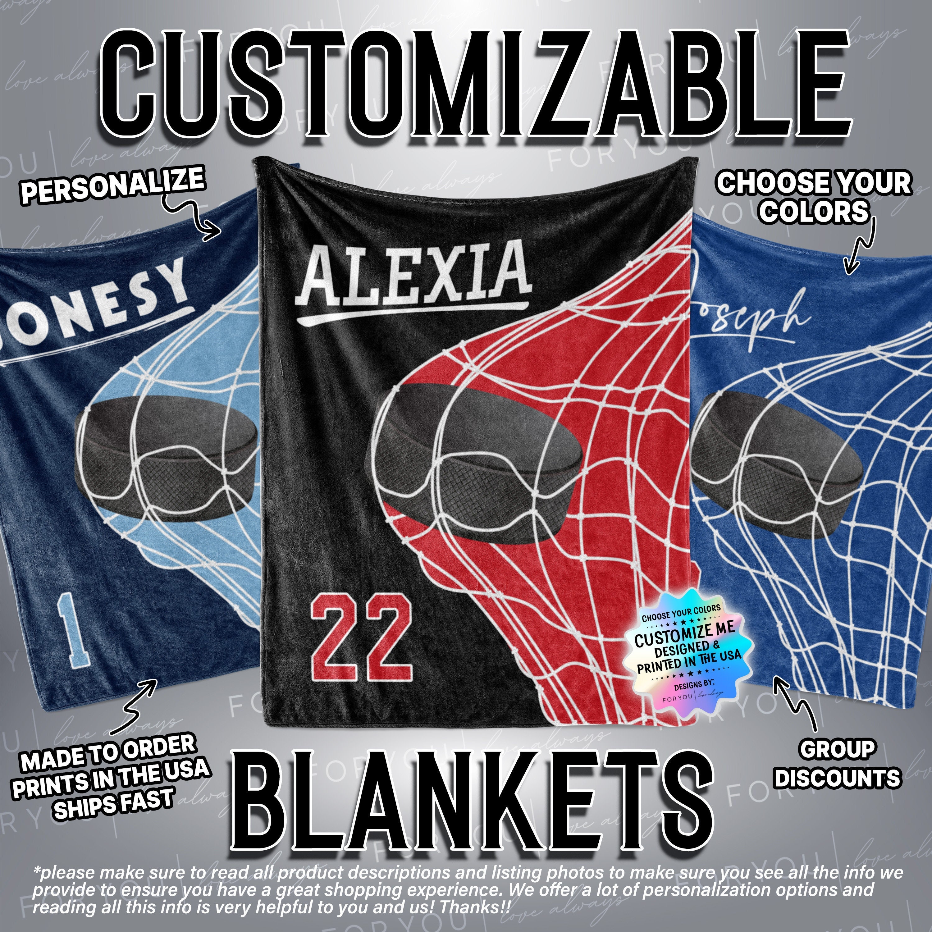 Hockey Puck through Goal Colors Custom Name Blanket Personalized - Multiple Sizes & Styles Gift for Hockey Players - Team Gift - Seniors