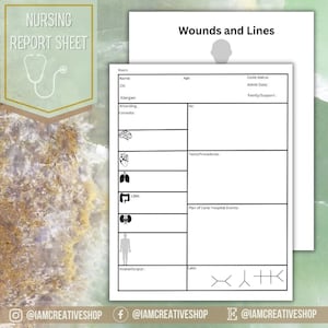 Könnte beinhalten: Ein druckbares Pflegeberichtblatt mit dem Titel "Wounds and Lines". Das Blatt enthält Abschnitte für Patienteninformationen, Vitalwerte, Tests und Verfahren, Pflegeplan, Ein- und Ausgabe und Laborwerte.