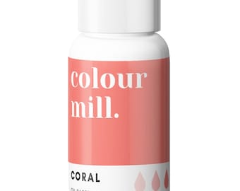 May include: A white bottle of coral-colored oil-based food coloring. The label reads "colour mill." and "CORAL." with three shaded drop icons. The bottle contains 20ml of coloring.