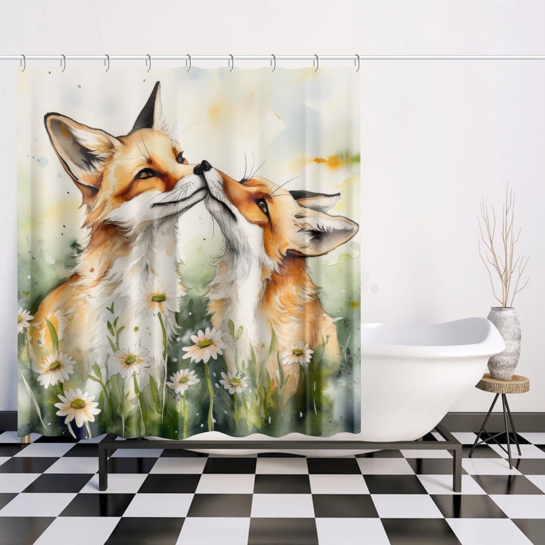 Cute Red Fox Shower Curtain Fox Decor Bathroom Curtain Etsy