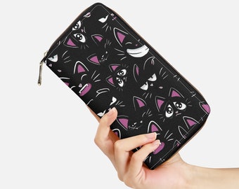 Funny black cat leather wallet, waterproof wallet