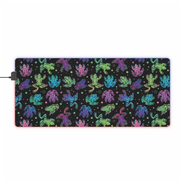 Trippy Witchy Frogs LED Gaming Mouse Pad, XL RBG Desk Mat, Psychedelic, Pastel Goth, Goblincore