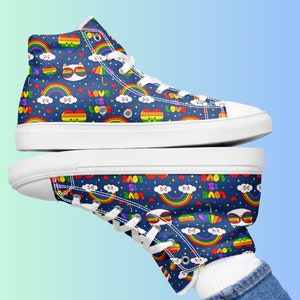 Women's Love is Love Rainbow Heart High Tops - LGBTQ+ Pride Canvas Shoes, Colorful Stylish Footwear, Classic High Top Sneakers