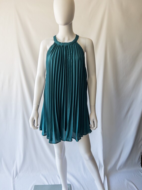 Retro Teal Pleated Halter Dress