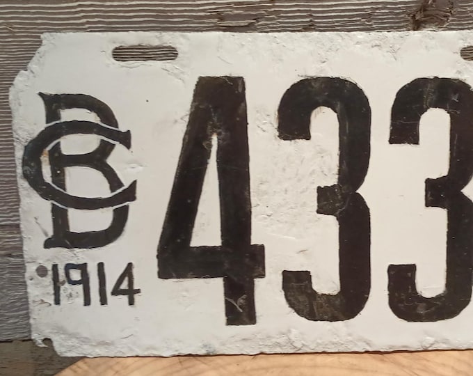 Featured listing image: 1914 British Columbia Porcelain License Plate Authentic Antique Auto Tag Restored and Collectible from BC Canada