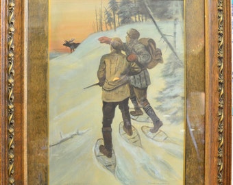 Original Signed Watercolor & Gouache Painting of a Moose Hunt 1908 by Edwin Megargee (American 1883-1958)