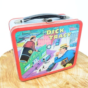 Dick Tracy Lunch Box Metal with Black Handle Silver Sides image 1