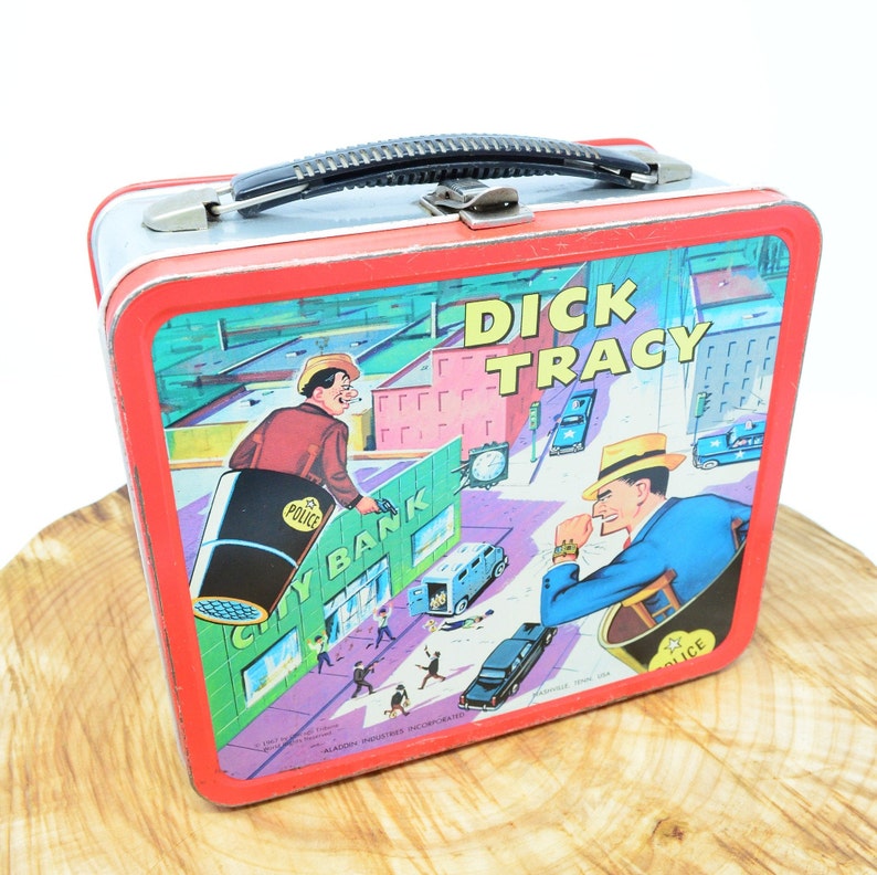 Dick Tracy Lunch Box Metal with Black Handle Silver Sides image 1