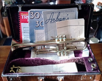 1930s Regent Trumpet by Boosey and Hawkes in Original Case with 4 Music Books and Accessories c 1930s-50s