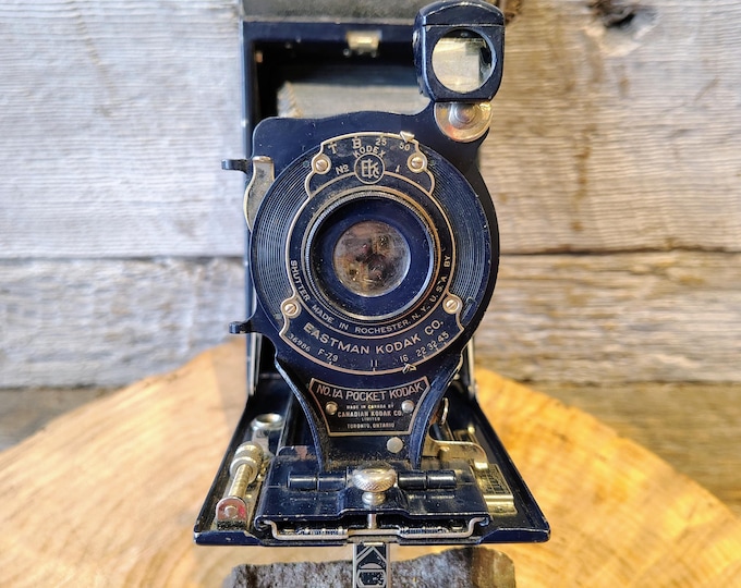 Featured listing image: Antique Factory Blue Folding Camera, No. 1A Pocket Kodak, Canadian-Made, late 1920s