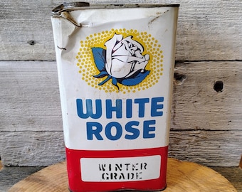 Vintage White Rose Oil Can: 1 Imperial Gallon Canadian Farmhand Hydraulic Fluid Tin