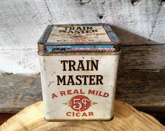 Antica scatola di sigari Train Master / Scatola di sigari vintage da 5 centesimi / Scatola pubblicitaria del tabacco dei primi anni del 1900 / Oggetto da collezione a tema ferroviario / Decorazione rustica
