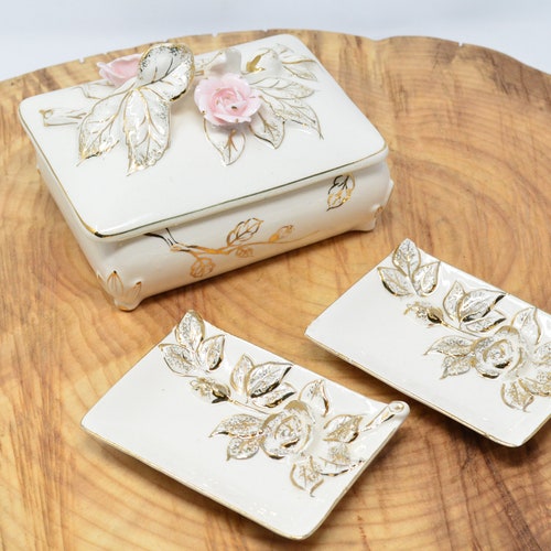 Jewellery Box 3 Piece Vanity Set Mid Century Rose Motif 2024 Made in Japan