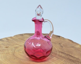 Cranberry Glass Cruet with Clear Glass Stopper and Applied Handle