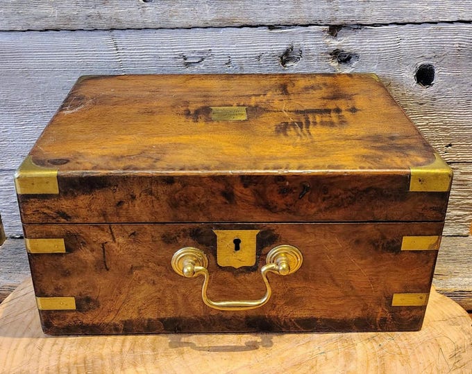 Featured listing image: Antique English Brass-Bound Mahogany Document Box w/ Key – H. Samuel 1876 Plaque – Victorian / Edwardian