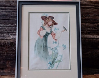 Framed Silk Print of a Lady with Blue Birds and Forget-Me-Nots