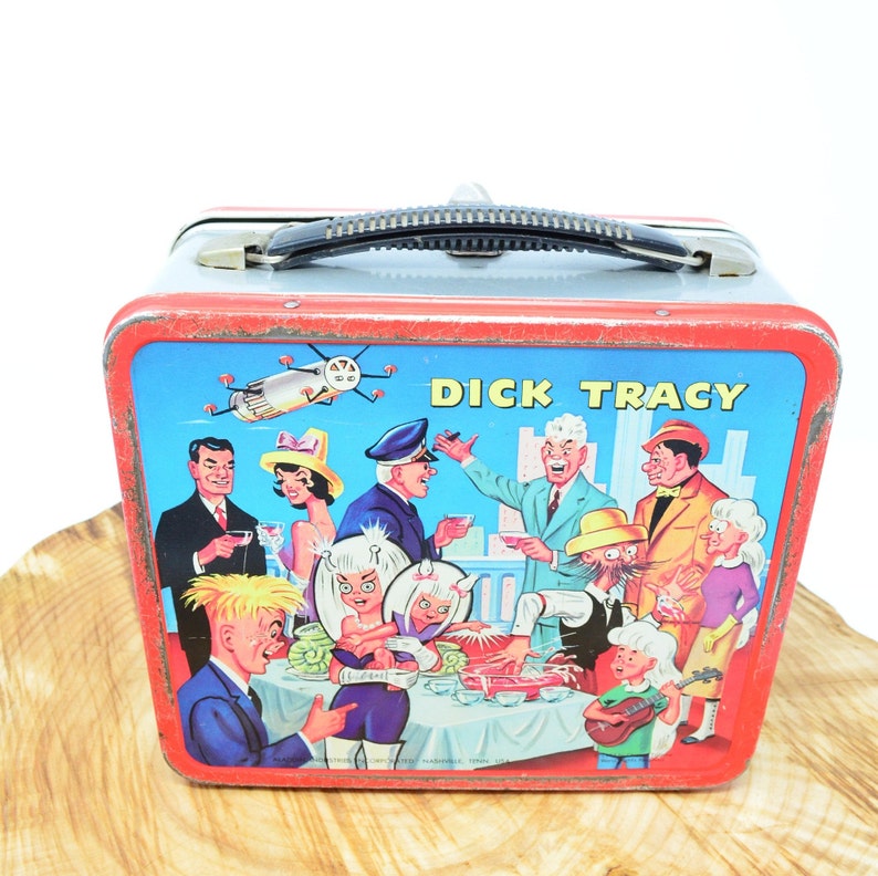 Dick Tracy Lunch Box Metal with Black Handle Silver Sides image 2