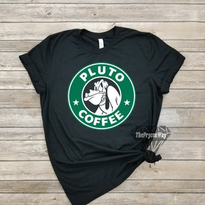 May include: Black t-shirt with a green and white logo that says "Pluto Coffee" with a cartoon image of Pluto the dog.