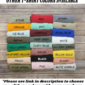May include: A selection of folded t-shirts in various colours, including stone, red, storm, orange, mint, tan, ice blue, cardinal, royal blue, brown, deep grey, white, kelly green, dusty blue, military green, mustard yellow, mauve, yellow gold, peach, black, sunset, olive green, pink, and white marble. *Please see link in description to choose any of these colours with your purchase.*