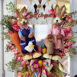 Handmade Easter Bunny Wreath with Tulips and Burlap Bow