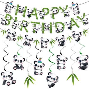 Pandas Themen Geburtstag Geburtstagsparty Dekoration Lieferungen Bambus Blätter Pandas Banner Hängende Wirbel für Babys Kinder alles Gute zum Geburtstag Banner