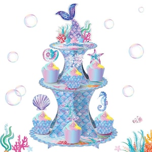 Meerjungfrau Themed Happy Birthday Partydekoration Kuchenständer Set Baby Shower Party Liefert Meerjungfrau Cupcake Toppers für Geburtstag Partybevorzugung