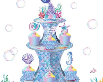 Mermaid Themed Happy Birthday Party Decorations Cake Stand Set Baby Shower Party Supplies Mermaid Cupcake Toppers For Birthday Party Favor