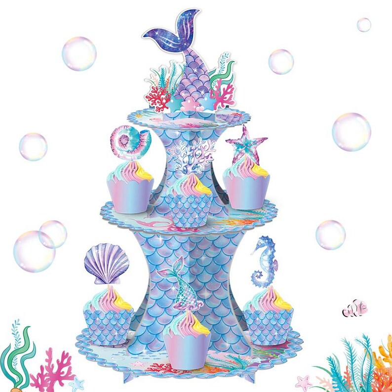 Décorations de fête d'anniversaire sur le thème de la sirène ensemble de support de gâteau fournitures de fête de douche de bébé sirène Cupcake Toppers pour la faveur de la fête d'anniversaire image 1