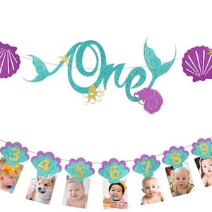 First Birthday Photo Banner, First Birthday Decorations for Girl, Mermaid Birthday Decorations One Banner for Newborn to 12 Months image 4