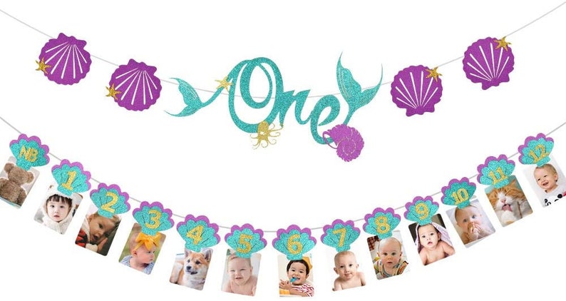 First Birthday Photo Banner, First Birthday Decorations for Girl, Mermaid Birthday Decorations One Banner for Newborn to 12 Months image 4