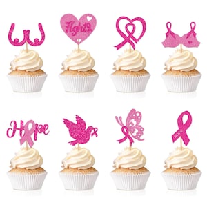 24 Stück Brustkrebs Bewusstsein Kuchen Topper Glitter Rosa Brust Cupcake Picks Brustkrebs Thema Hängen Swirls Partydekorationen