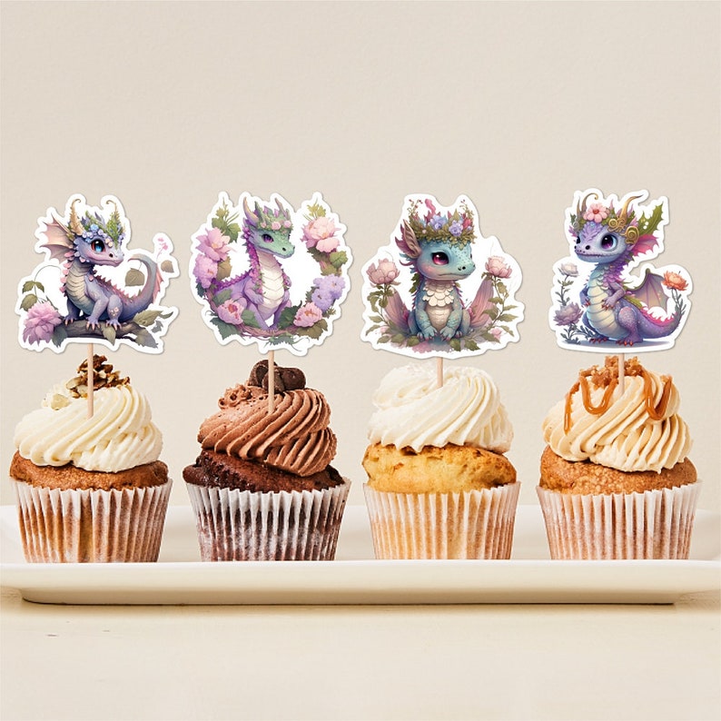 20pcs Dragons Cupcake Toppers Dragon Theme Birthday Party Decoration Cake Topper Baby Shower