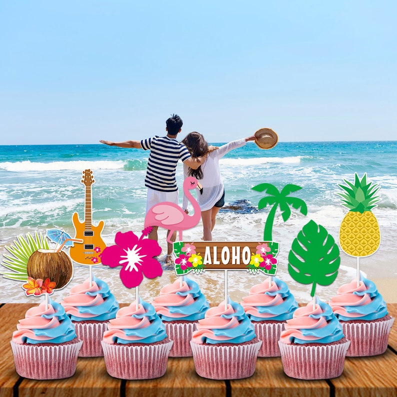 24pcs Hawaii Summer Beach Cupcake Topper for Birthday & Tropical Party ...
