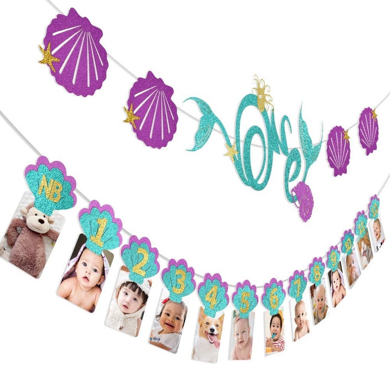 First Birthday Photo Banner, First Birthday Decorations for Girl, Mermaid Birthday Decorations One Banner for Newborn to 12 Months image 5
