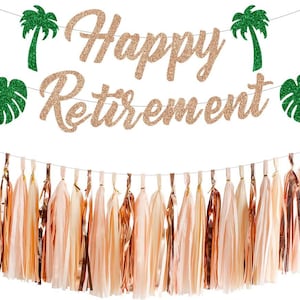 Rose Gold Glitter Happy Retirement Banner with Tassel Garlands for Retirement Party Decorations, Retirement Decorations for Women