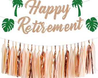 Rose Gold Glitter Happy Retirement Banner avec guirlandes de pompon pour les décorations de fête de retraite, décorations de retraite pour femmes