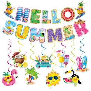 Hallo Sommer Banner Strand Party Dekorationen Sommer Party Banner und Hängende Wirbel für Splash Party Hawaiianischen Geburtstag Pool Party Lieferungen