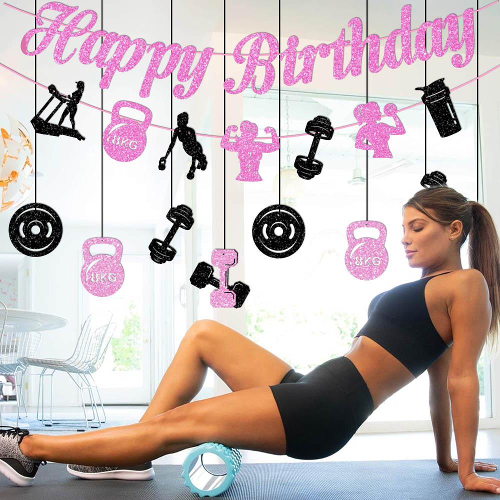 Gym Happy Birthday Banner - Black & Gold Glitter Fitness Themed Party Decorations - View #2
