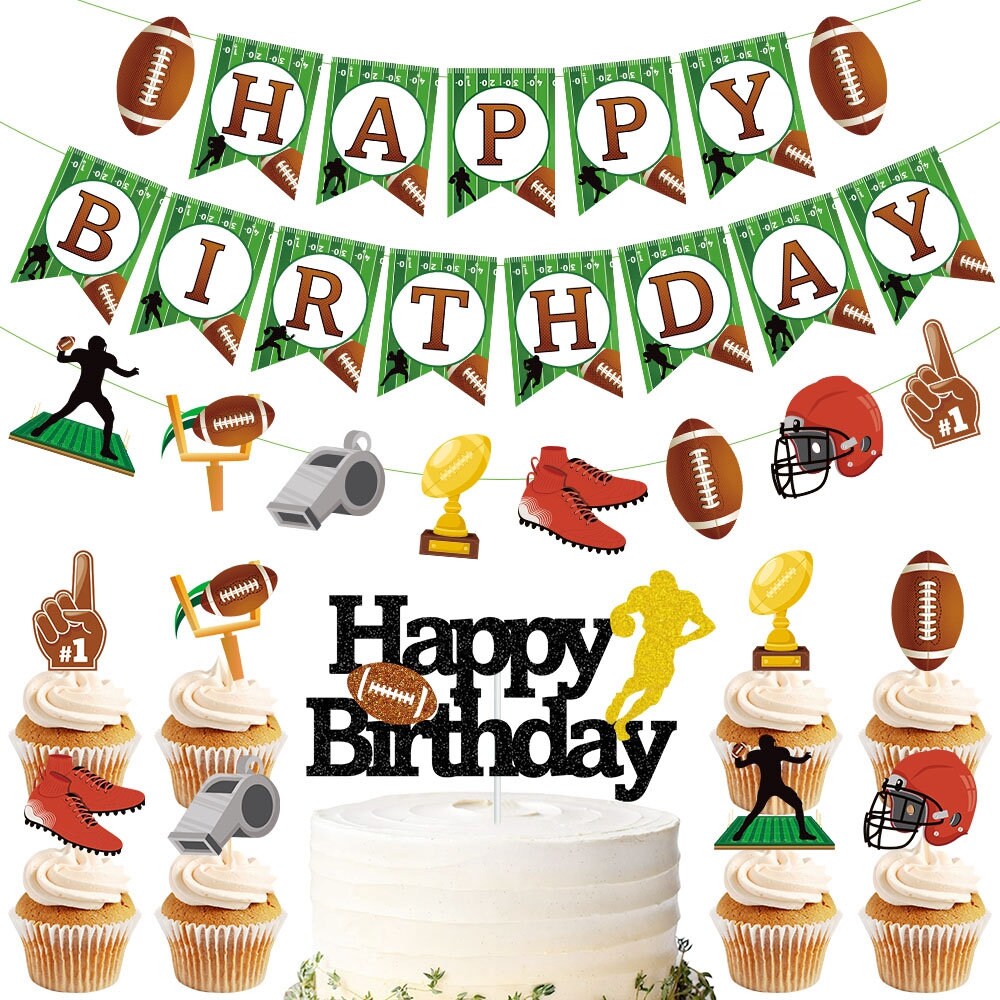 Sport Theme American Football Birthday Decorations Happy Birthday Banner Rugby Cupcake Toppers Superbowl Party Decor Favor